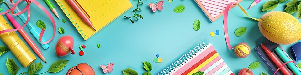 Wall Mural - Colorful back to school banner featuring spring-themed school materials