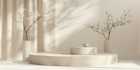 Wall Mural - Textured canvas product display podium on a light cream background: Artistic and inviting, perfect for handmade goods or artisanal products, the canvas podium and cream background create a warm and