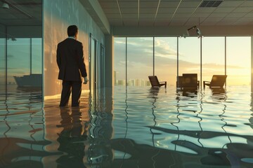 Aufkleber - A person dressed in business attire is standing in an office that has been flooded with water, possibly due to a natural disaster or infrastructure failure