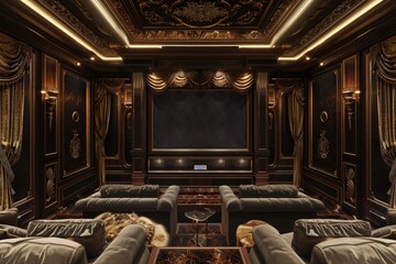 Aufkleber - A cozy living room setup with couches, chairs, and a projector screen