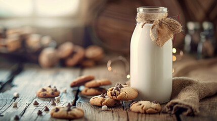 Fresh milk bottle with cookies, cozy kitchen setting, warm tones, homely feel, copy space