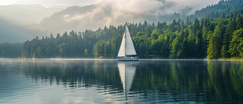 Sailboat cruising on a crystal clear lake, pine forest in the background, misty morning