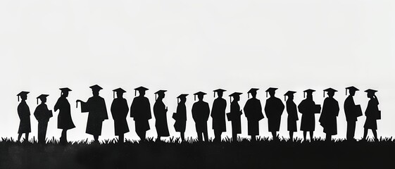 Wall Mural - Silhouette of graduates paper cut out style, white background, ample copy space,