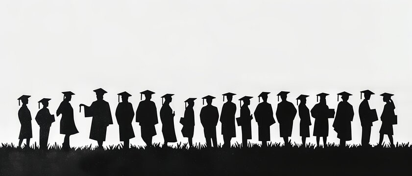 Silhouette of graduates paper cut out style, white background, ample copy space,