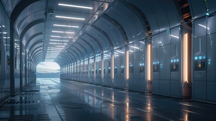 Poster - A busy train station with a long tunnel lit by bright lights