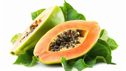 Fresh papaya cut into two halves on a white background, perfect for food and fruit photography