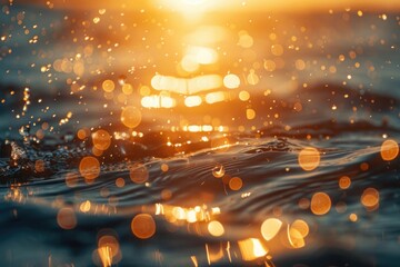 A close-up view of a wave in the ocean during sunset, with warm colors and texture