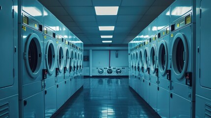 Poster - A row of washing machines in a laundry room, perfect for office or home use
