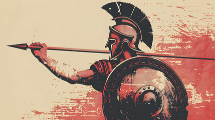 An ancient Greek hoplite wearing a Corinthian helmet and wielding a spear, illustration.


