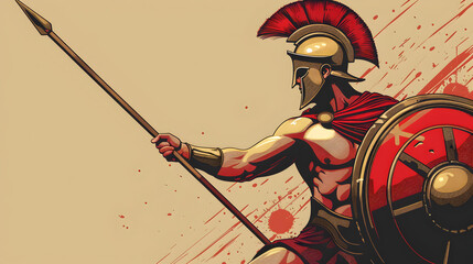 Wall Mural - An ancient Greek hoplite wearing a Corinthian helmet and wielding a spear, illustration.



