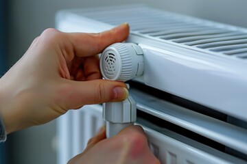 Aufkleber - A person adjusts a heater installed on a wall