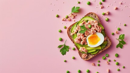 Poster - Healthy avocado rye toast with tuna and boiled egg on bright background Great for any meal Top view with space for text