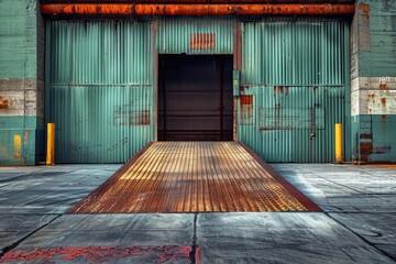 Poster - A door opening in an industrial building setting with metal and concrete architecture