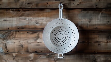 Poster - A white colander hung on a wooden wall, possibly in a kitchen or rustic decor setting
