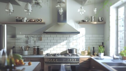 A kitchen with a stove top oven sitting under a window