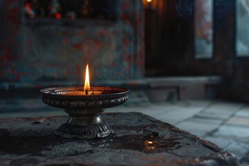 Aufkleber - A lit candle sits on top of a table