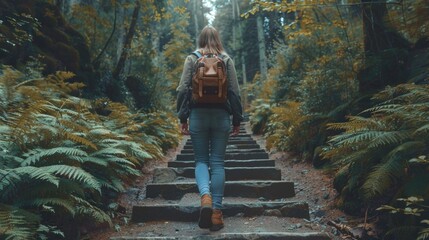 Poster - A woman climbing stairs surrounded by trees, suitable for use in outdoor adventure or nature-themed contexts