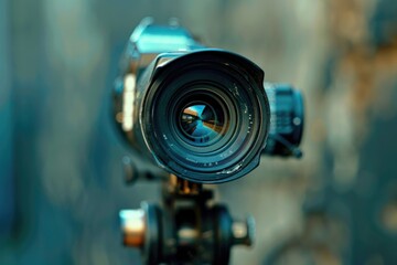 Poster - A detailed view of a camera mounted on a tripod, ideal for use in photography or technical contexts