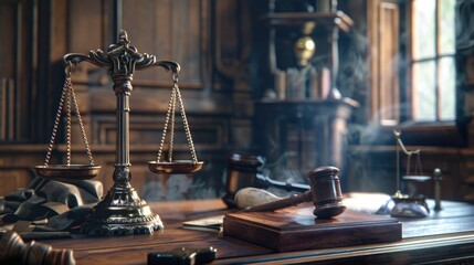 Poster - A wooden desk with a metal scale and a hammer on top, suitable for office or workshop use