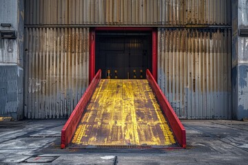Wall Mural - A red and yellow ramp leading into a building with a modern design