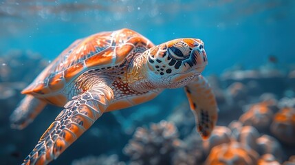 Wall Mural - Sea Turtle Swimming Through Coral Reef