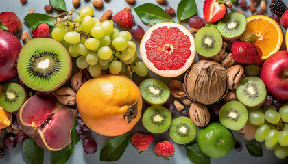 Assorted fresh fruits, berries and leaves top view on white background Organic natural healthy food