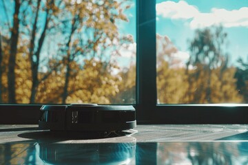 Aufkleber - A remote control sits on a table next to a window, possibly used for controlling devices or adjusting settings