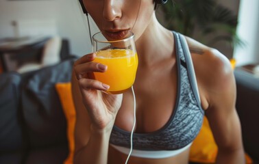 Sticker - Close up of a woman in a fitness outfit sipping orange juice with earphones, in a living room background