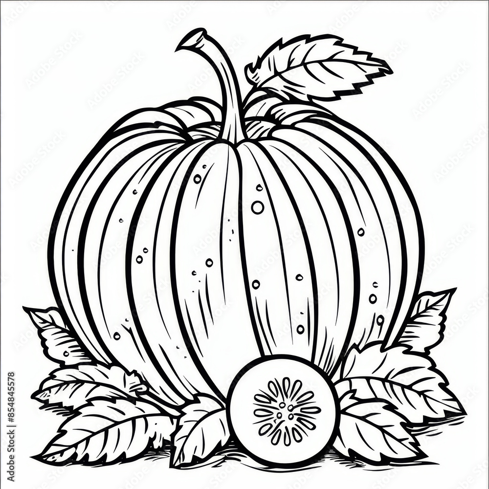 Black and white line art drawing of a pumpkin with leaves and a cross ...