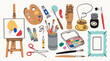 © Dariia - Various art tools, supplies, equipment. Mannequins hand, easel, canvas, scissors, ink, brush kit, pencil, paint palettes, oil tube, watercolor paint. Hand drawn Vector illustration. Isolated elements