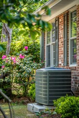 Poster - An air conditioner unit sits on the lawn outside a residential house