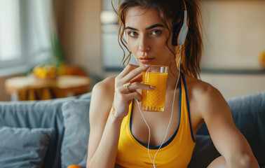 Wall Mural - Close up of a woman in a fitness outfit sipping orange juice with earphones, in a living room background