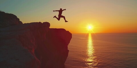 Poster - A person takes a leap of faith and dives into the ocean from a cliff