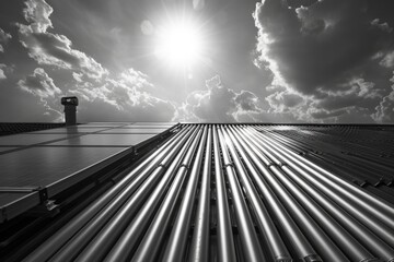 Poster - A black and white photo of a building with sunlight shining over it