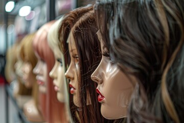 Poster - Row of mannequin heads displayed on shelves in a retail store, ideal for use in fashion or shopping related contexts