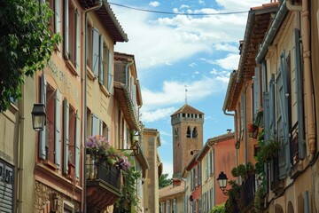 Poster - A quiet street scene with a historic clock tower in the background