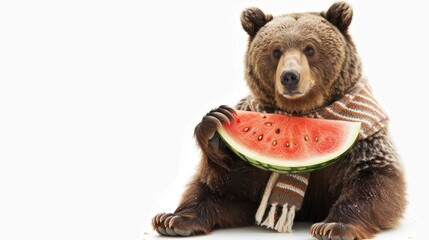 Wall Mural - A brown bear holds a slice of watermelon in its paws