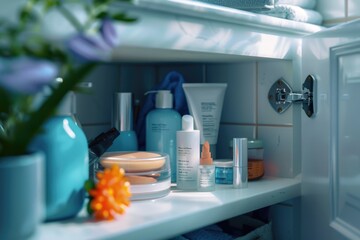 Poster - A cluttered bathroom shelf filled with various beauty products