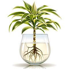 Wall Mural - Clipart illustration of dracaena growing in water in a clear glass pot, on a white background, suitable for home decoration.[A-0003]