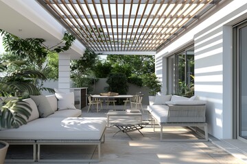 Poster - A sophisticated design project for a covered veranda with a slatted roof for a modern white residential house