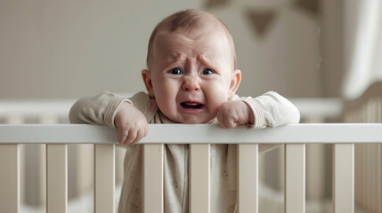 Wall Mural - Crying baby standing up in crib, white background, closeup of crying face and hand on the guardrail