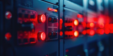 Canvas Print - A close-up view of multiple electrical switches mounted on a wall, suitable for use in an industrial or commercial setting