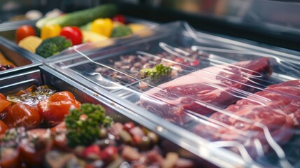 Poster - A colorful arrangement of fresh meat and vegetables on a display case