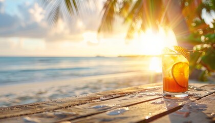 Poster - A sunny beach in summer provides a blurred backdrop for a wooden table, perfect for showcasing and displaying refreshing