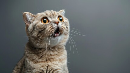 Canvas Print - A surprised Scottish Fold cat with wide eyes and an open mouth, looking to the left with an astonished expression.