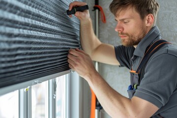Poster - A person adjusting a roller shade on a window