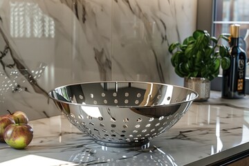 Poster - A stainless steel colander placed on a marble countertop, great for kitchen use or decorative purposes