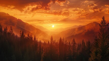 Canvas Print - Traveling through nature with an orange sky and a backdrop of mountains with the sunrise