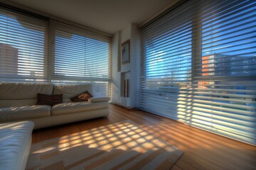 Poster - A warm and inviting living space with furniture and blinds on the window