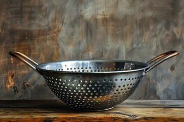 Wall Mural - A colander sitting on top of a wooden table, great for kitchen or still life photography
